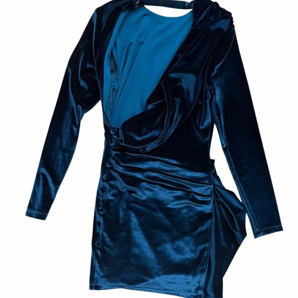 Donna Richardson Blue Velvet Mini Dress with Long Sleeves and Button Detailing - Picture 2 of 4